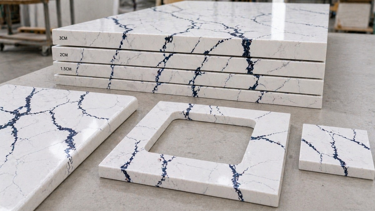 Fabricated Arctic Rift Quartz edge and cut-to-size detail Fabricated Arctic Rift Quartz edge and cut-to-size detail