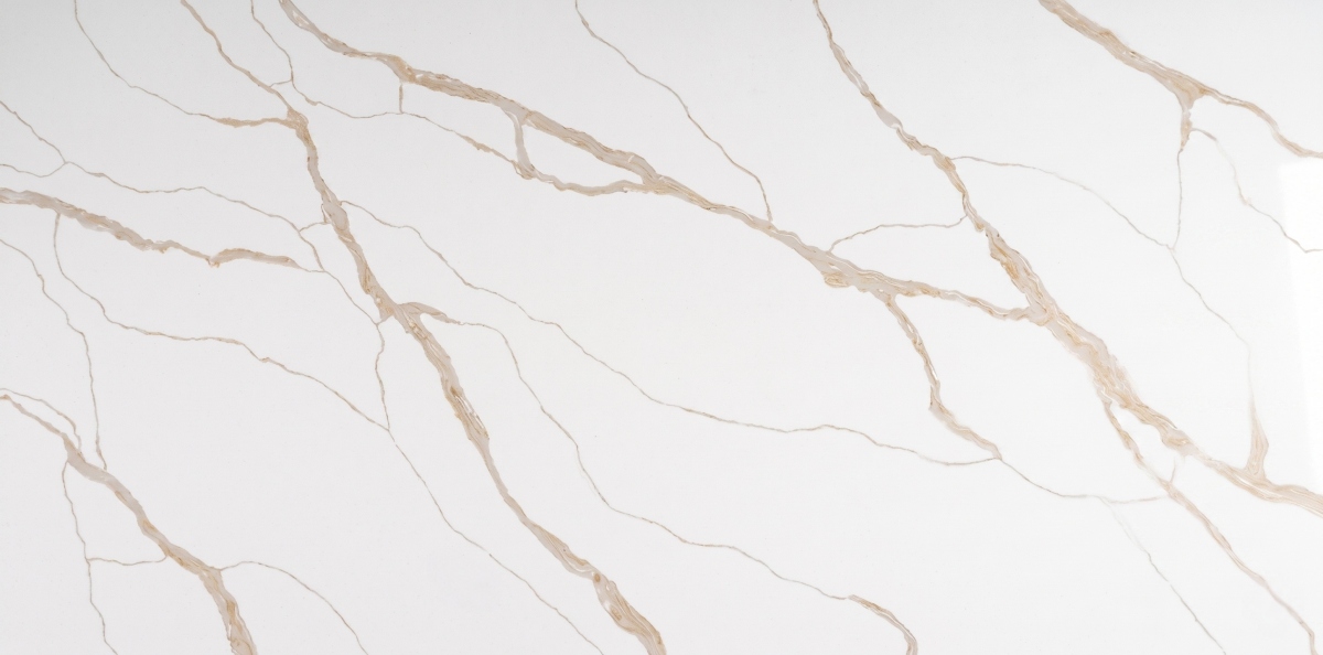Arctic Calacatta Gold Quartz full slab with white base and champagne-gold veining