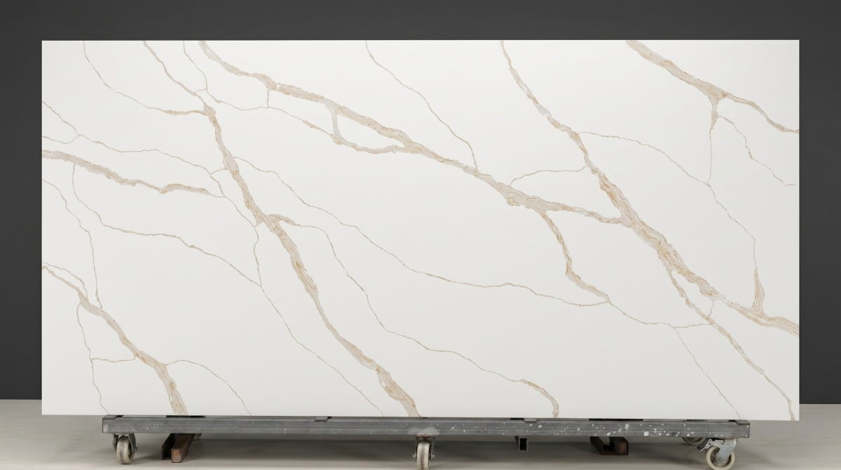 White engineered quartz slab on wheeled rack with warm gold vein movement