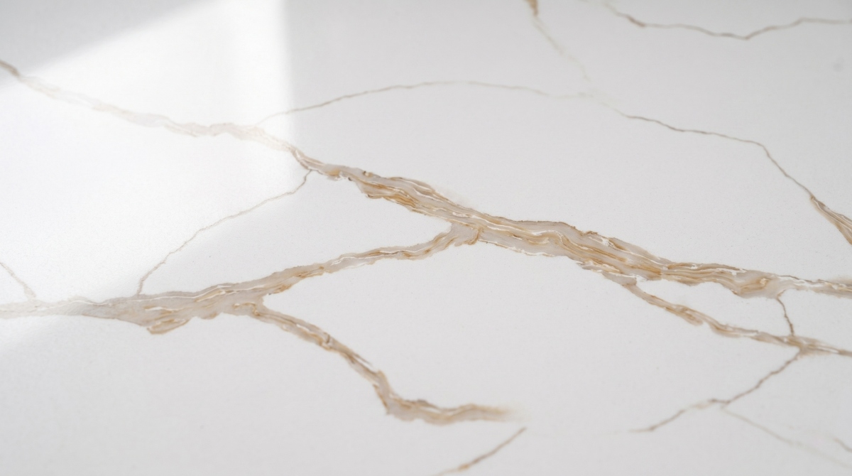 Polished white quartz surface detail with soft champagne-gold linework
