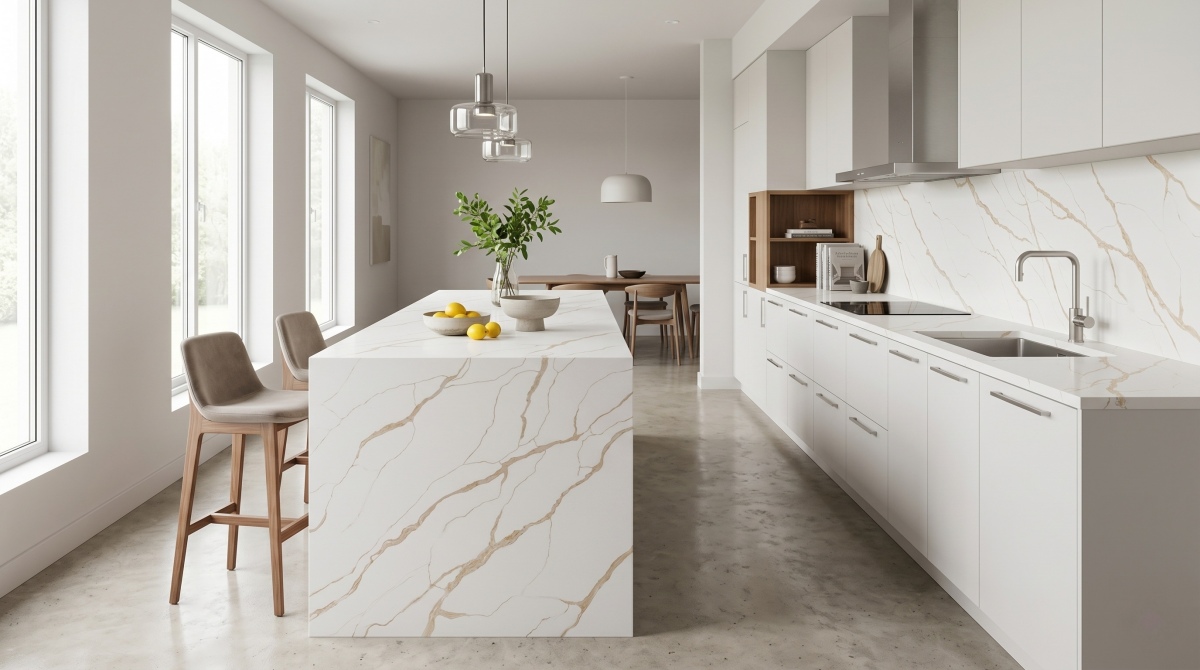Calacatta Gold Quartz on a modern waterfall kitchen island