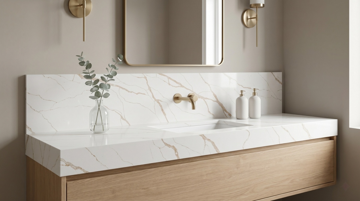 Arctic Calacatta Gold Quartz vanity top in a modern bathroom from aoli stone