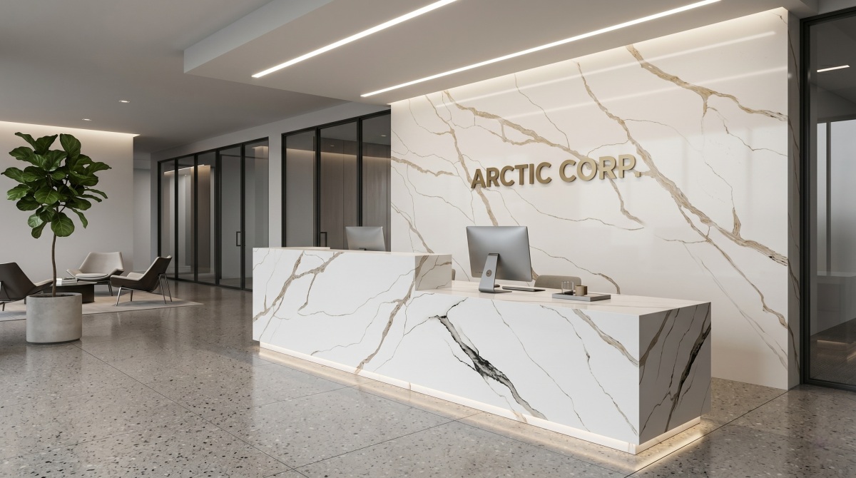 Reception counter application in white quartz with warm gold movement