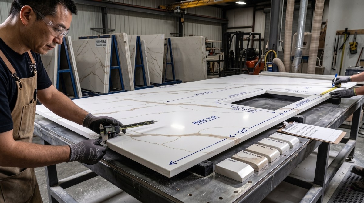Fabrication layout planning for Arctic Calacatta Gold Quartz slab