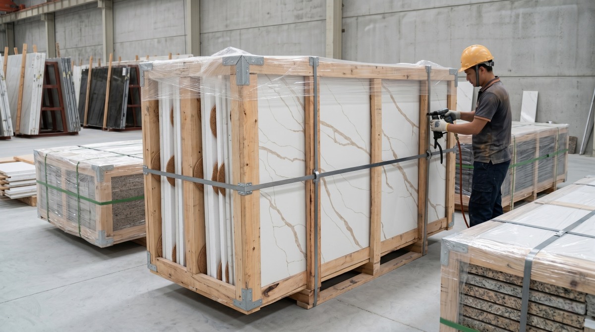  Export packing of Arctic Calacatta Gold Quartz slabs in wooden bundles