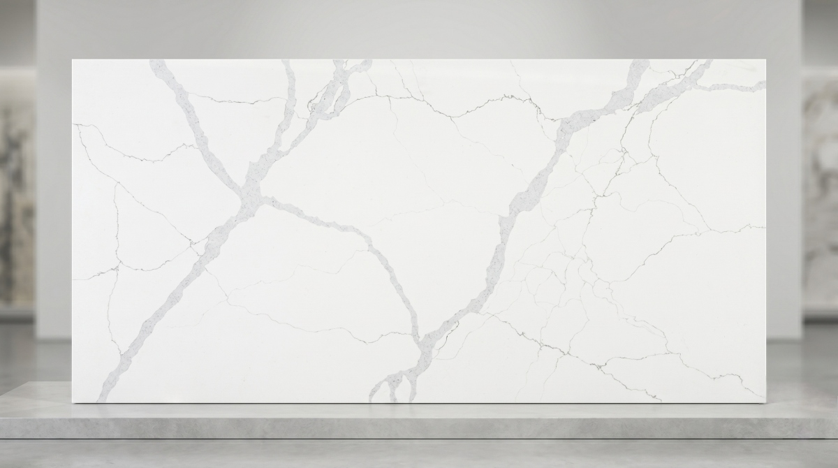 Soft Vein White Quartz full slab with clean white background and pale grey veining