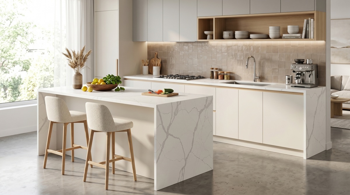 Soft Vein White Quartz kitchen countertop in a bright modern interior