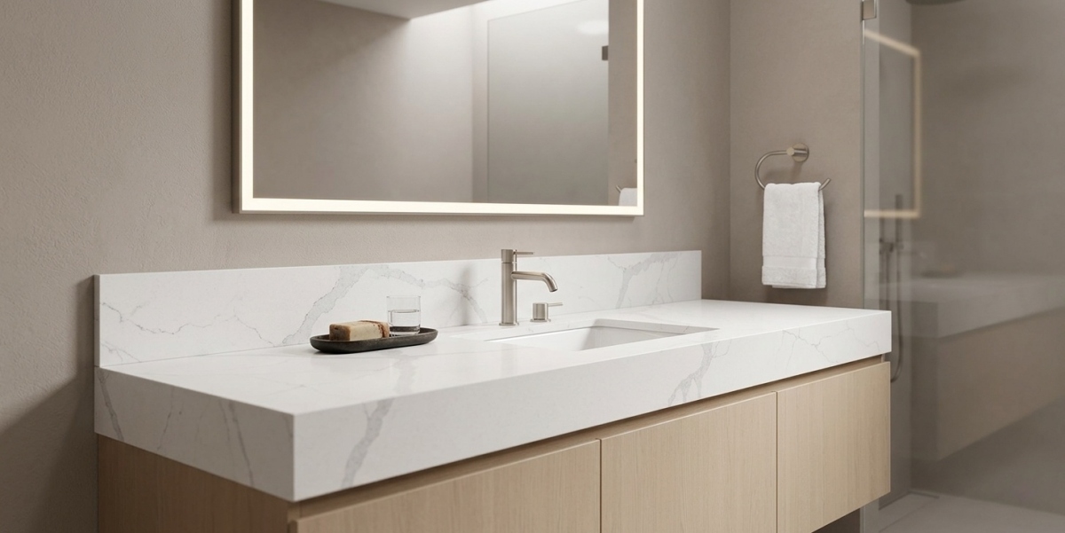 Soft Vein White Quartz bathroom vanity top in a calm light-toned bathroom