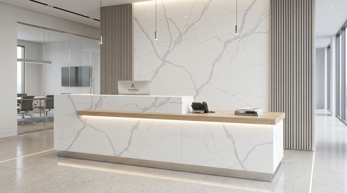 Soft Vein White Quartz used for a reception counter application