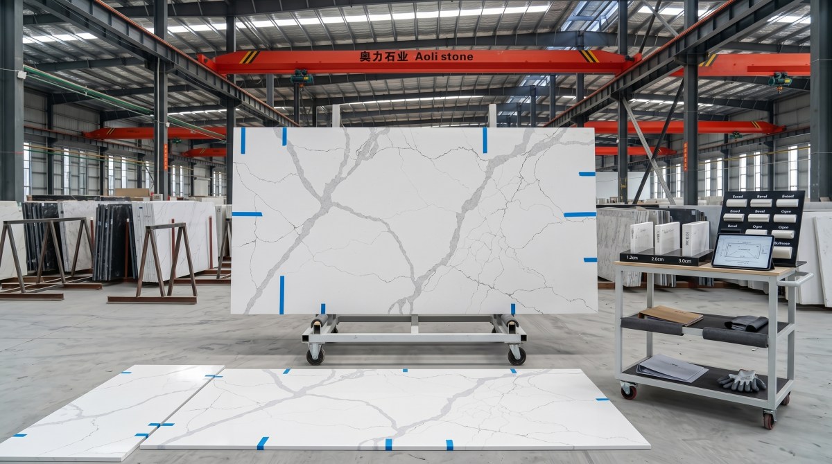 Fabrication layout image for white quartz slab with soft grey veins