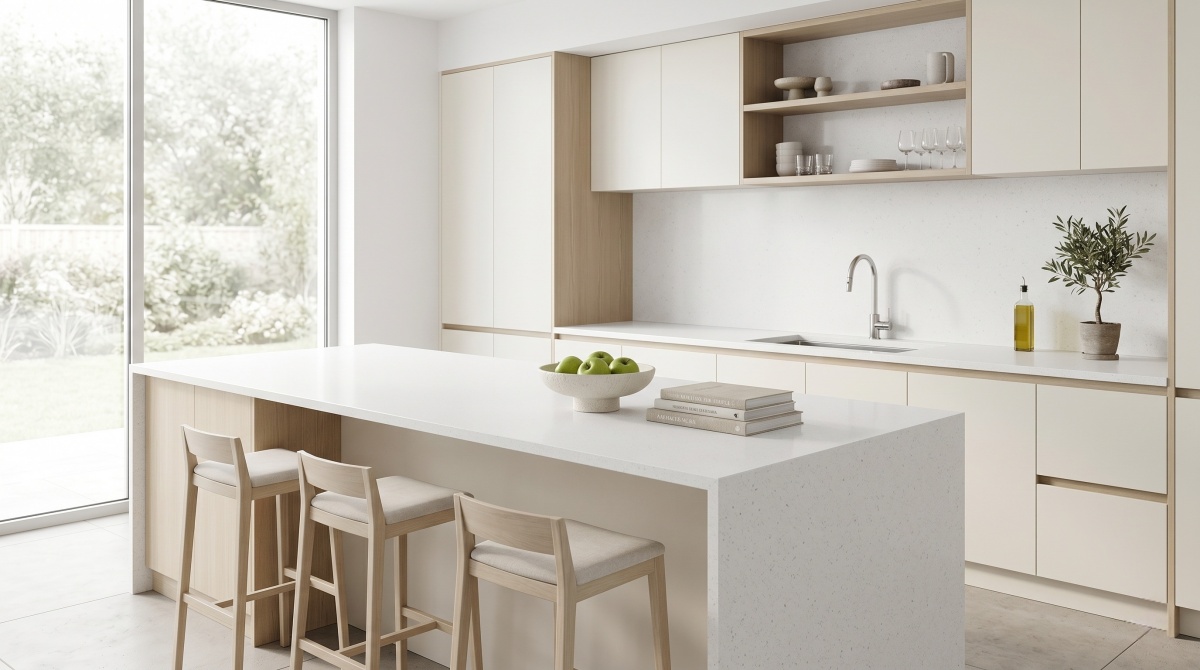Super White Quartz kitchen island and countertop in a minimalist modern interior
