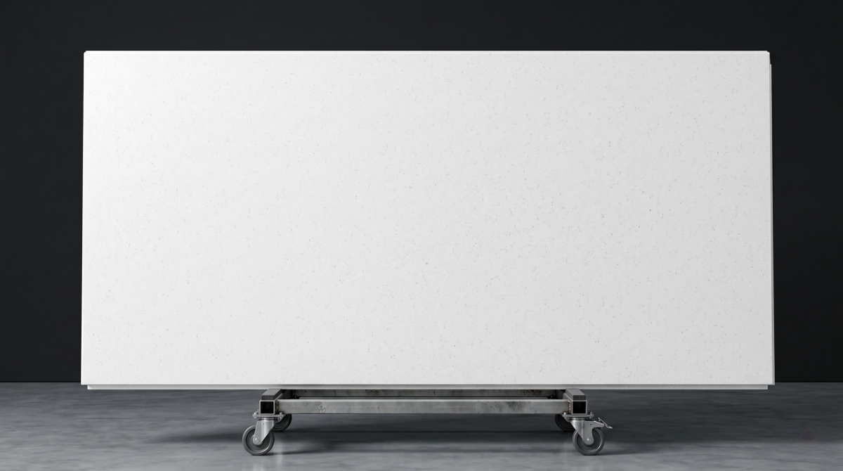 Front-facing full slab display of Super White Quartz on a wheeled rack in a dark showroom