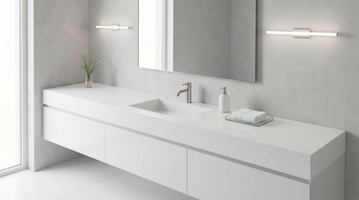 Super White Quartz bathroom vanity top in a clean contemporary washroom