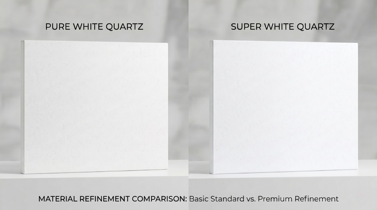 Comparison of Pure White Quartz and Super White Quartz showing finer texture difference