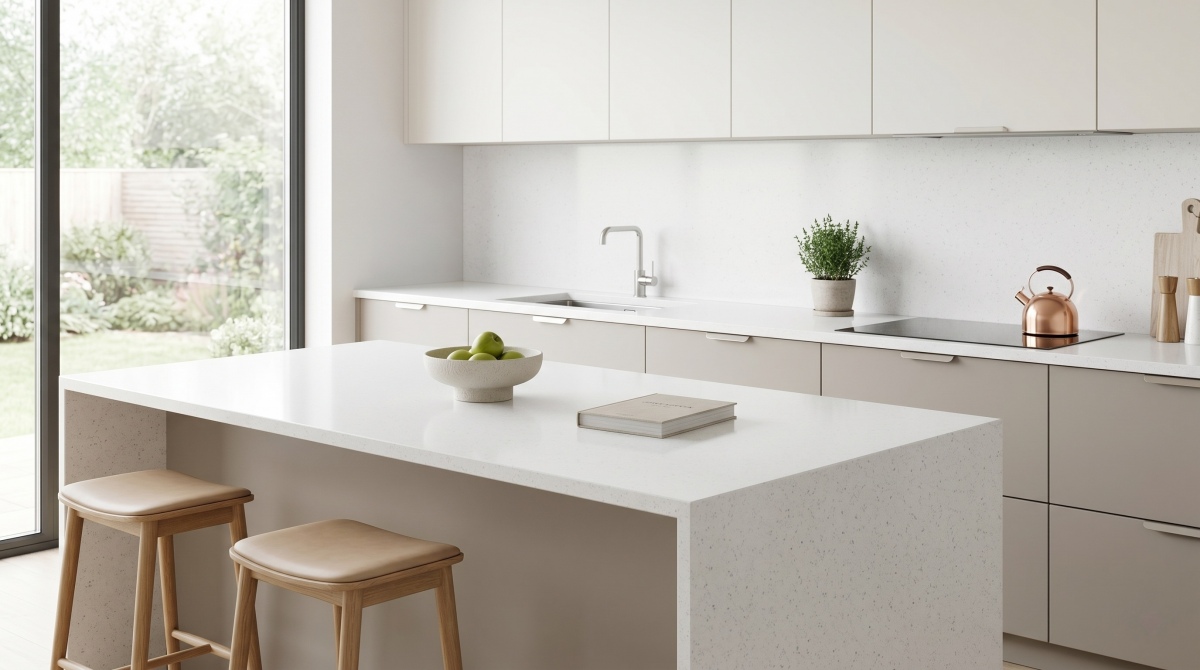 Super White Quartz reception counter application in a light commercial interior