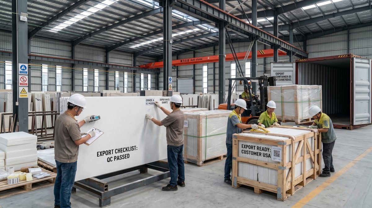 Export packing and factory preparation of Super White Quartz slabs by Aoli Stone