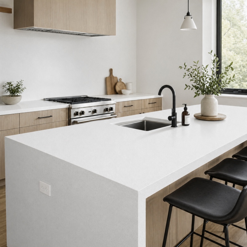 Pure White Quartz kitchen countertop and island in a clean modern interior