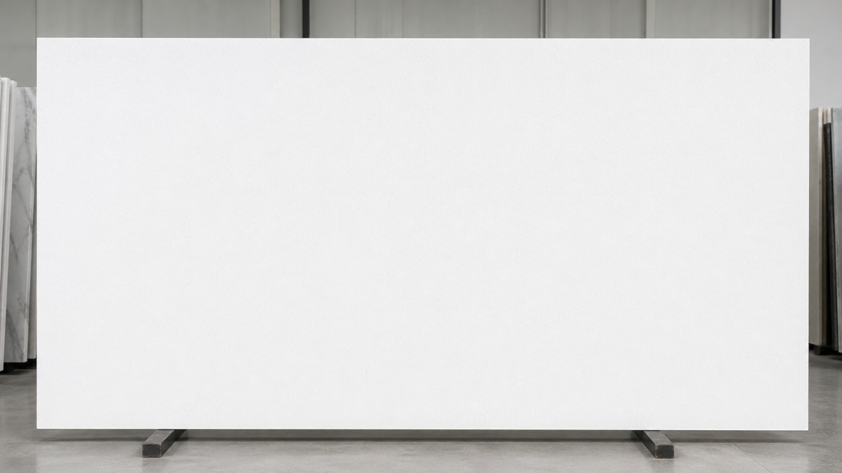 Front-facing full slab display of Pure White Quartz on a wheeled rack in a dark showroom
