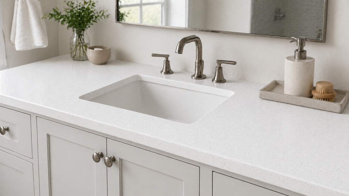 Pure White Quartz bathroom vanity top in a bright contemporary washroom from aoli stone