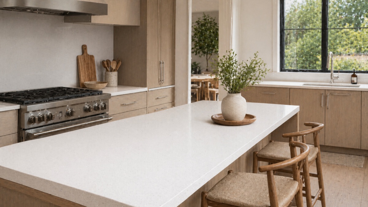 Pure White Quartz reception counter application in a modern commercial space