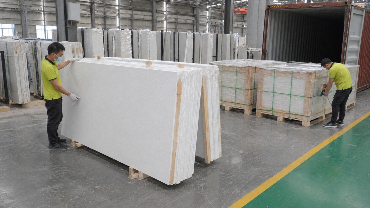 Export packing and factory preparation of Pure White Quartz slabs by Aoli Stone