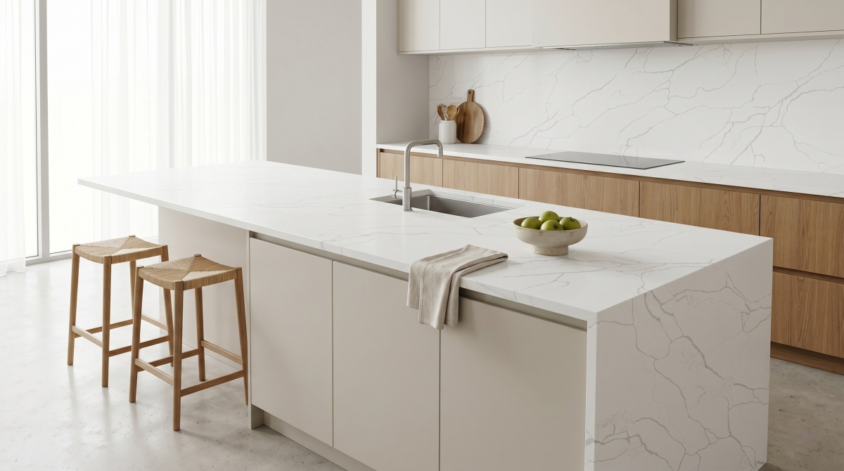 classic-calacatta-white-quartz-kitchen-island Classic Calacatta White Quartz kitchen island in a bright modern interior