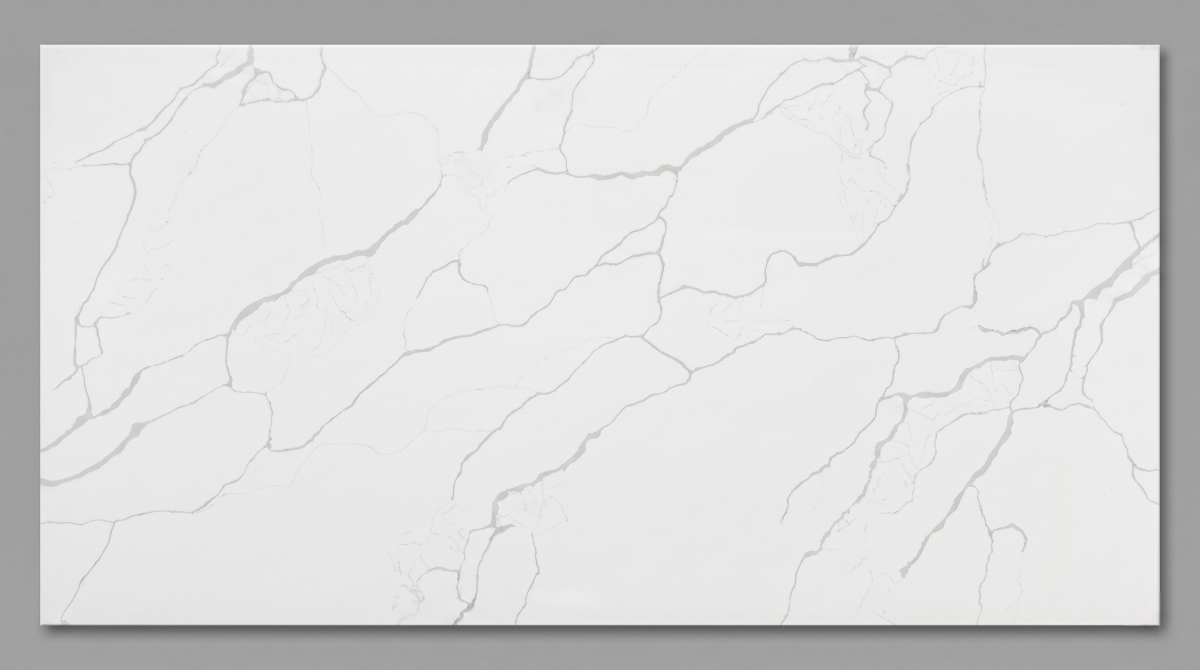 classic-calacatta-white-quartz-full-slab-display Full slab display of Classic Calacatta White Quartz on wheeled rack
