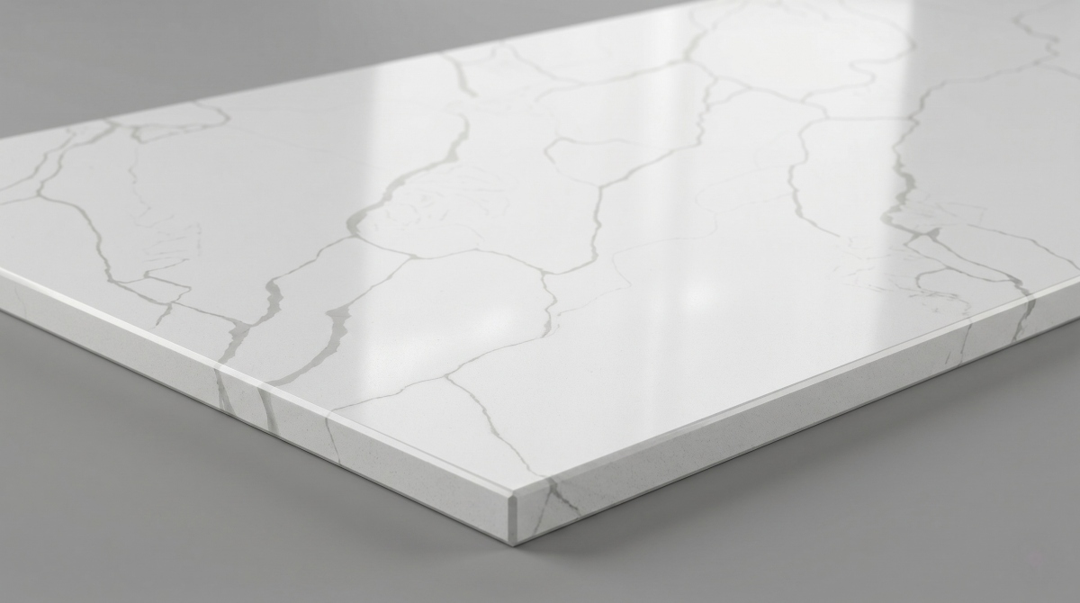 classic-calacatta-white-quartz-polished-surface-detail Polished surface detail of Classic Calacatta White Quartz slab