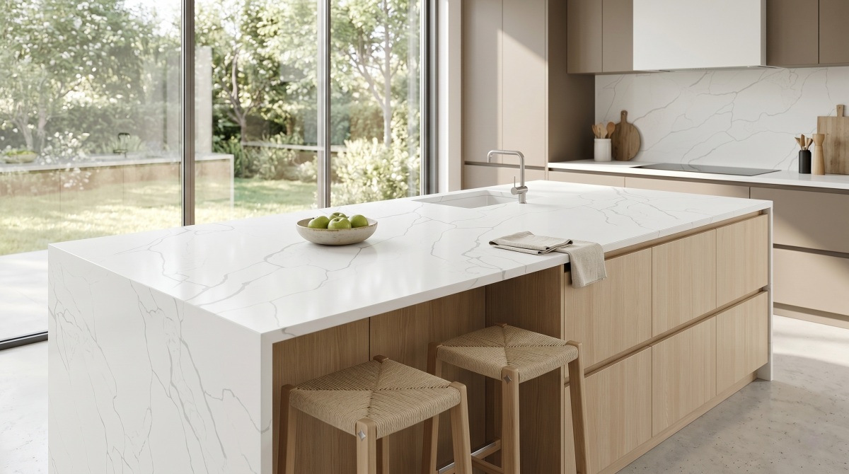 classic-calacatta-white-quartz-kitchen-countertop-backsplash Classic Calacatta White Quartz used for white kitchen countertops and backsplash