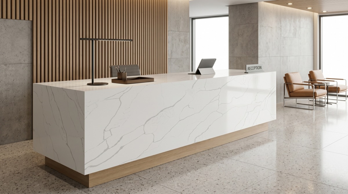 classic-calacatta-white-quartz-reception-counter Interior reception counter finished with Classic Calacatta White Quartz