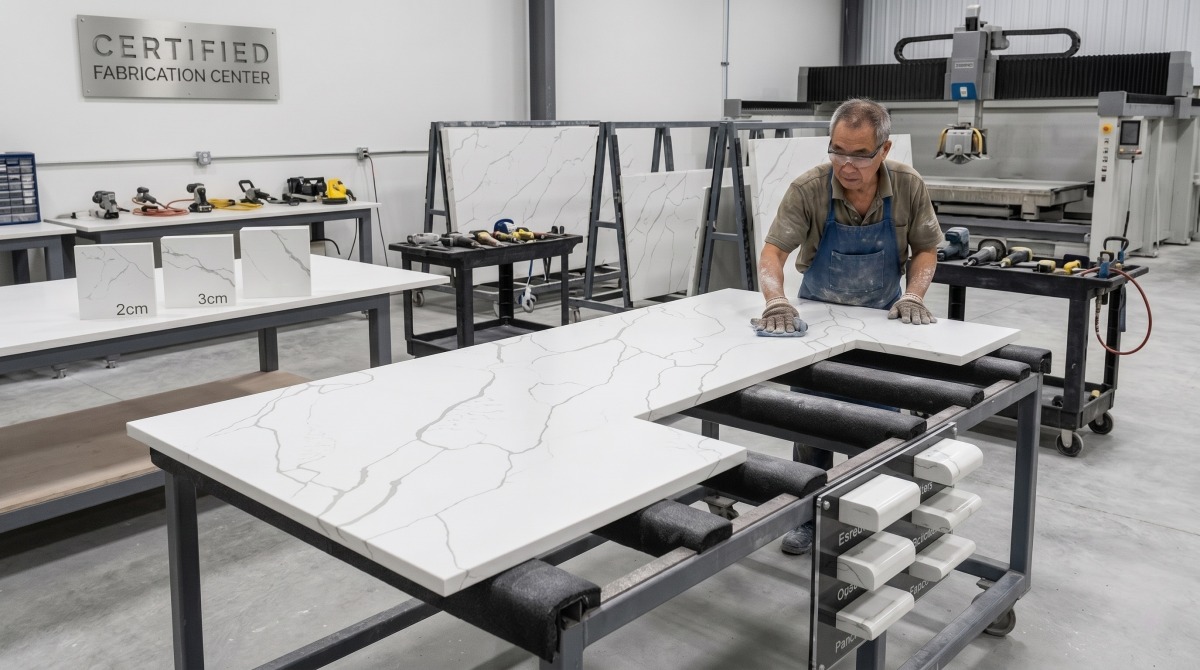classic-calacatta-white-quartz-sample-thickness-presentation Classic Calacatta White Quartz sample and thickness presentation for project selection