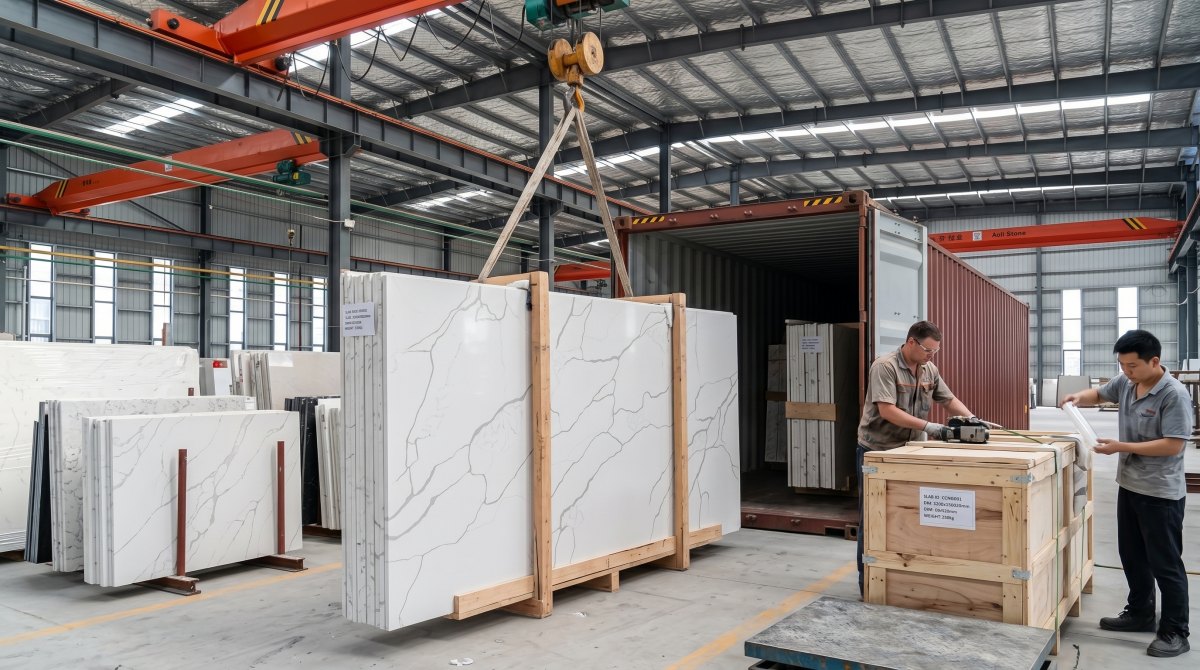 classic-calacatta-white-quartz-export-packing Export packing image of Classic Calacatta White Quartz slabs in factory