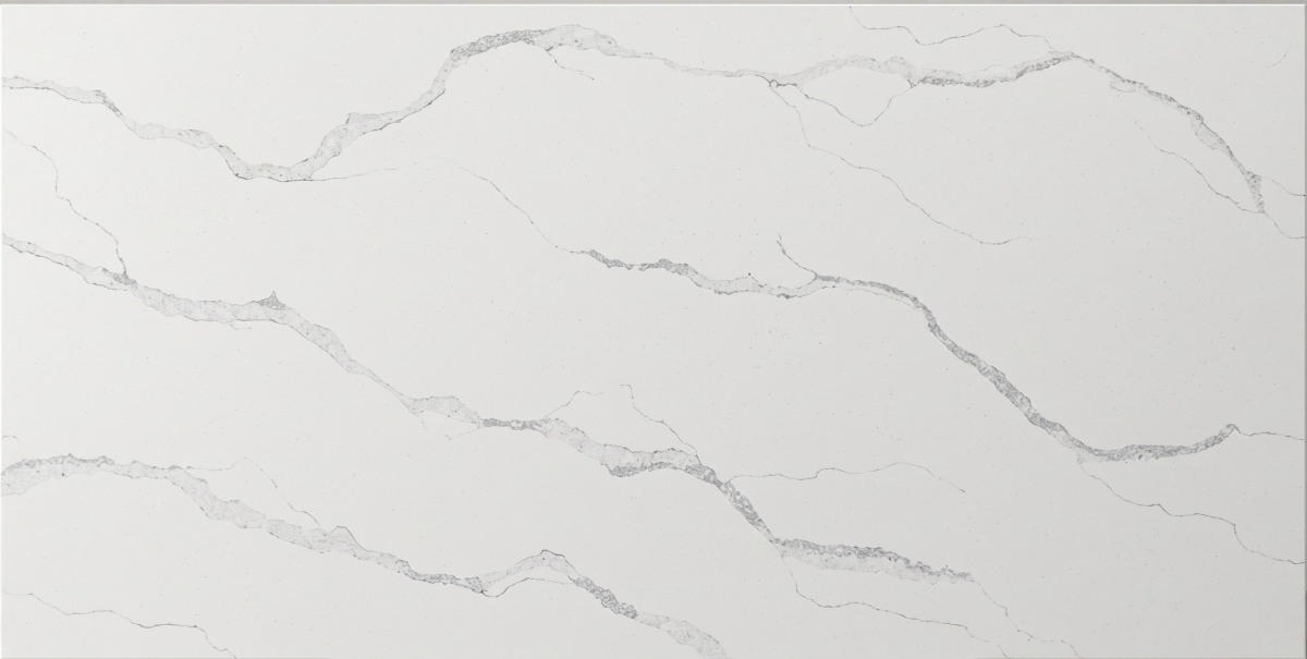 Full slab of Cloud Vein White Quartz with soft pale grey marble-like veining