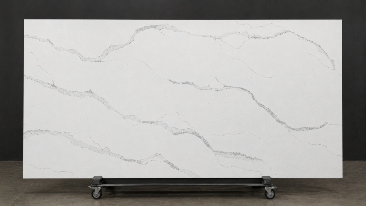 White engineered quartz slab on wheeled rack with low-contrast grey cloud veins
