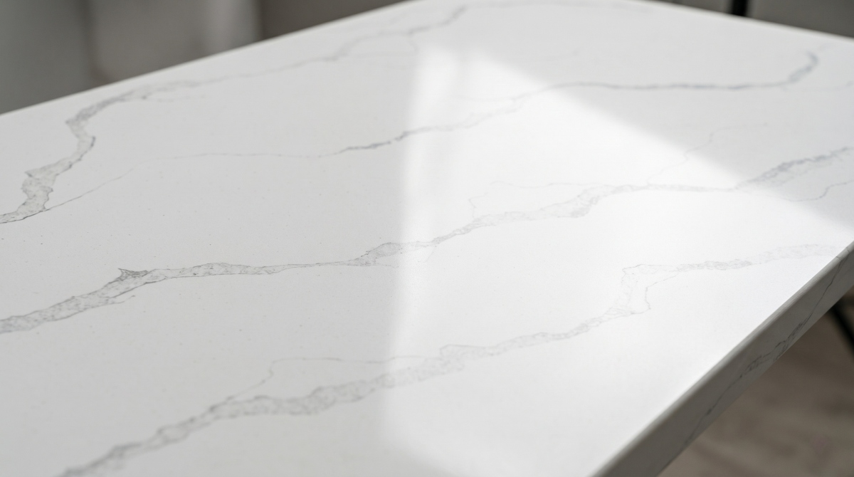 Polished white quartz surface with soft cloudy grey movement