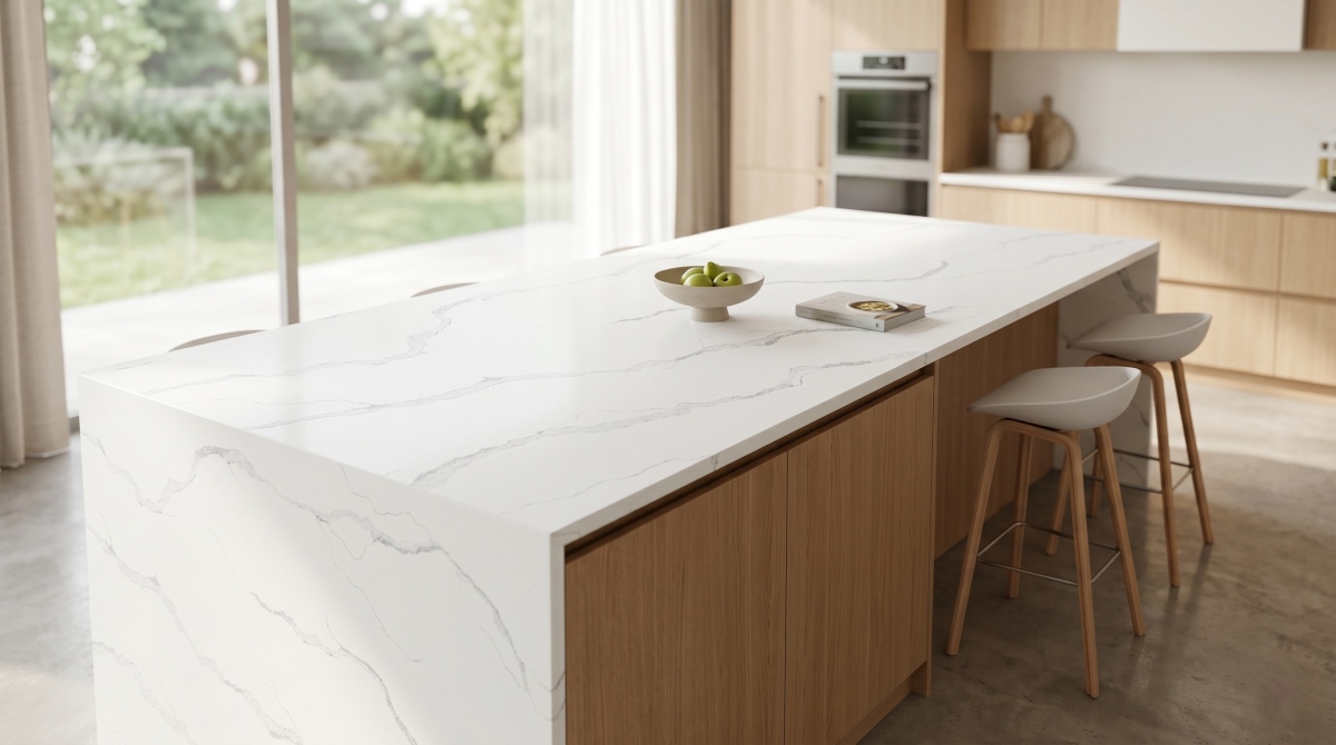  Cloud Vein White Quartz kitchen island in a bright modern interior