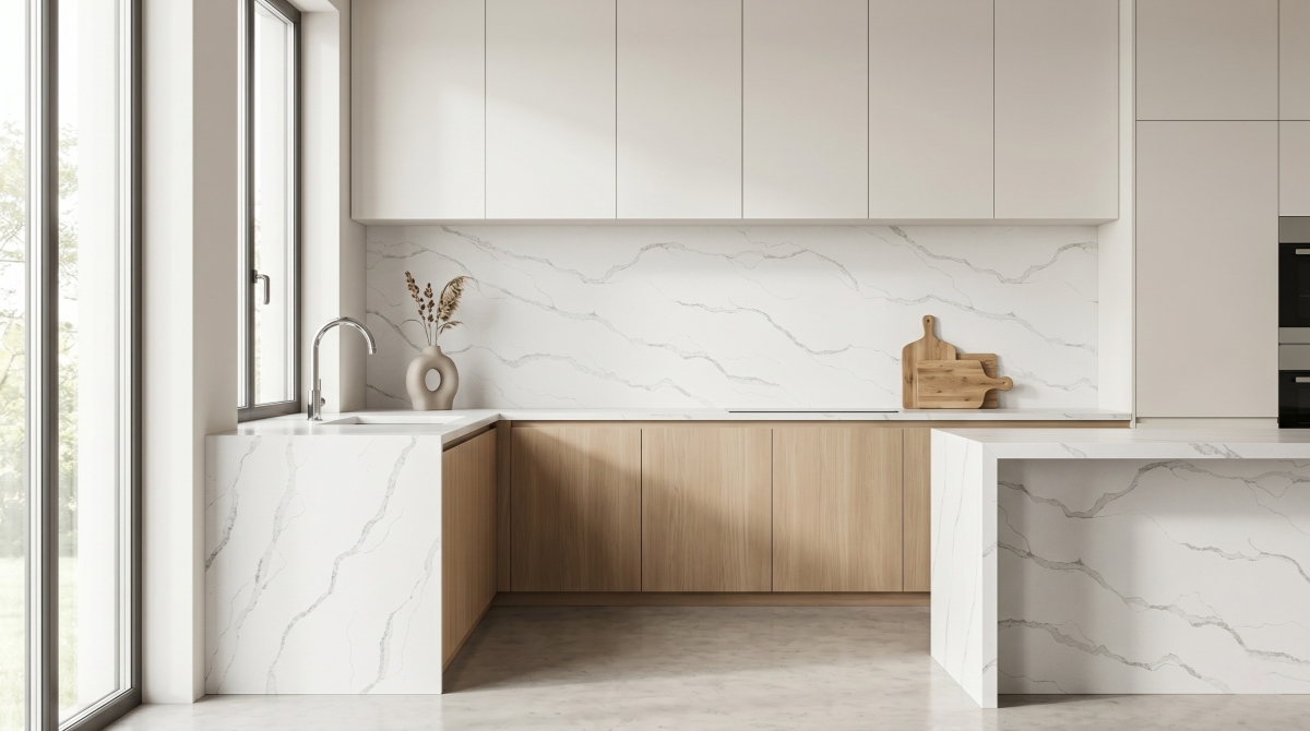 Bathroom vanity top made with Cloud Vein White Quartz