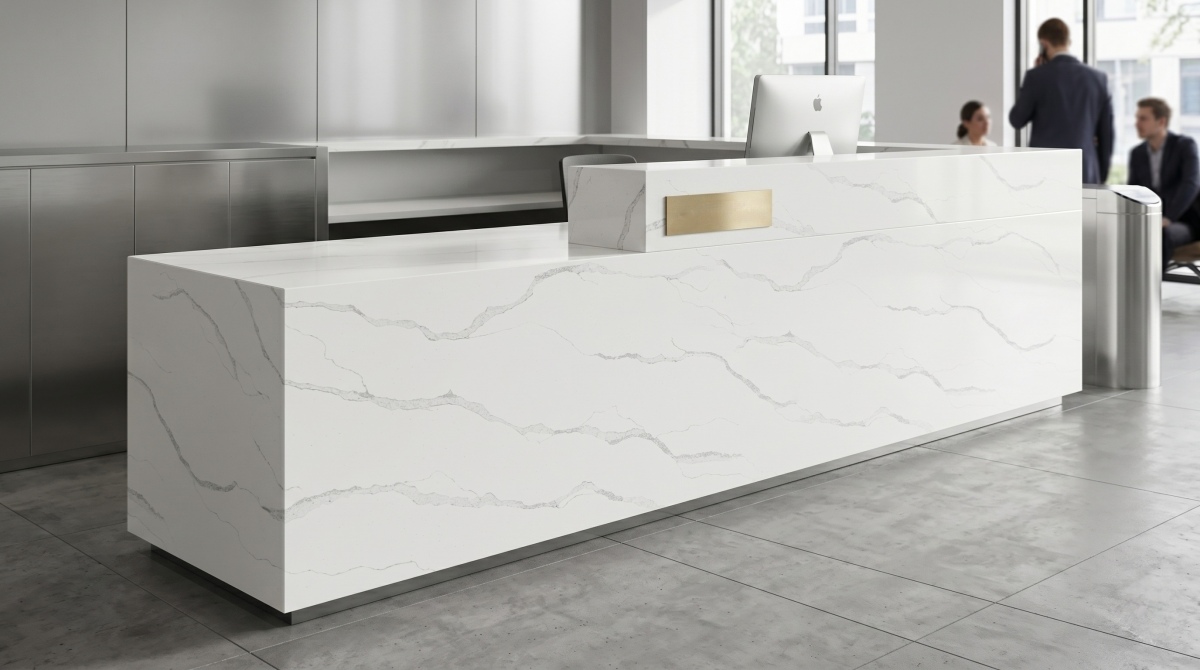 Reception counter finished in white quartz with soft pale grey movement