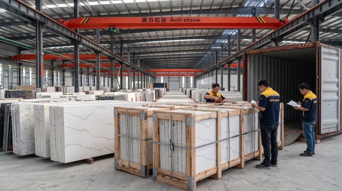 Export packing of Cloud Vein White Quartz slabs in wooden bundles from Aoli stone