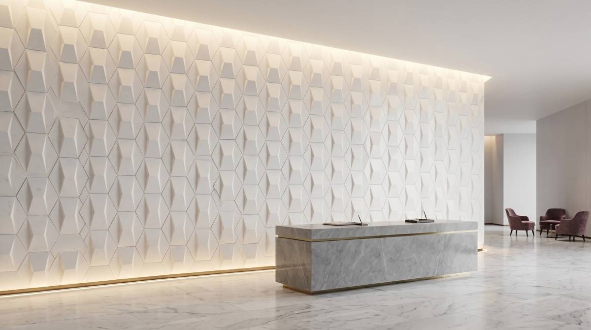 3D CNC carved engineered marble wall panels in hexagon relief design