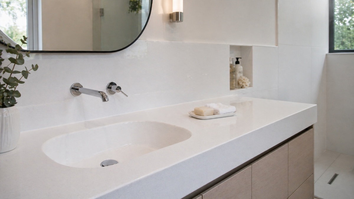white-artificial-marble-vanity-top-bathroom White artificial marble vanity top and wall from aoli stone