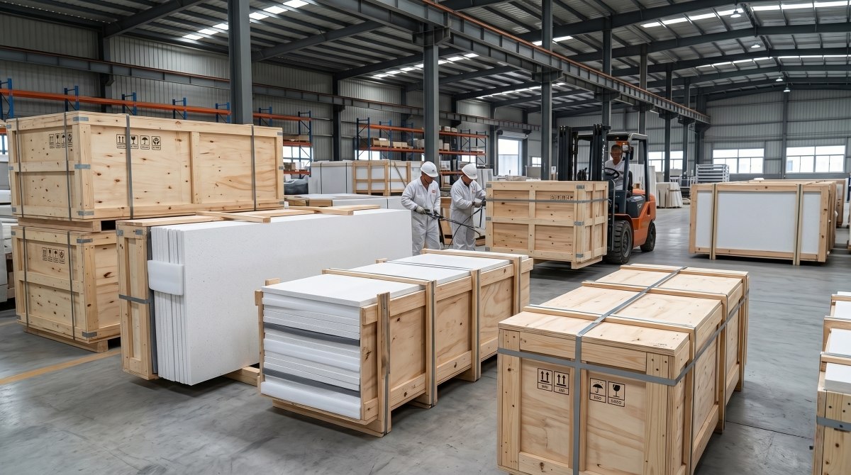 snow-white-artificial-marble-export-packing Snow White Artificial Marble slabs packed in wooden crates for export from aoli stone