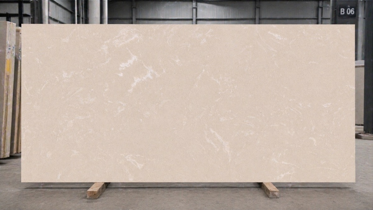 Royal Botticino artificial marble slab with warm beige base and soft white movement from aoli stone