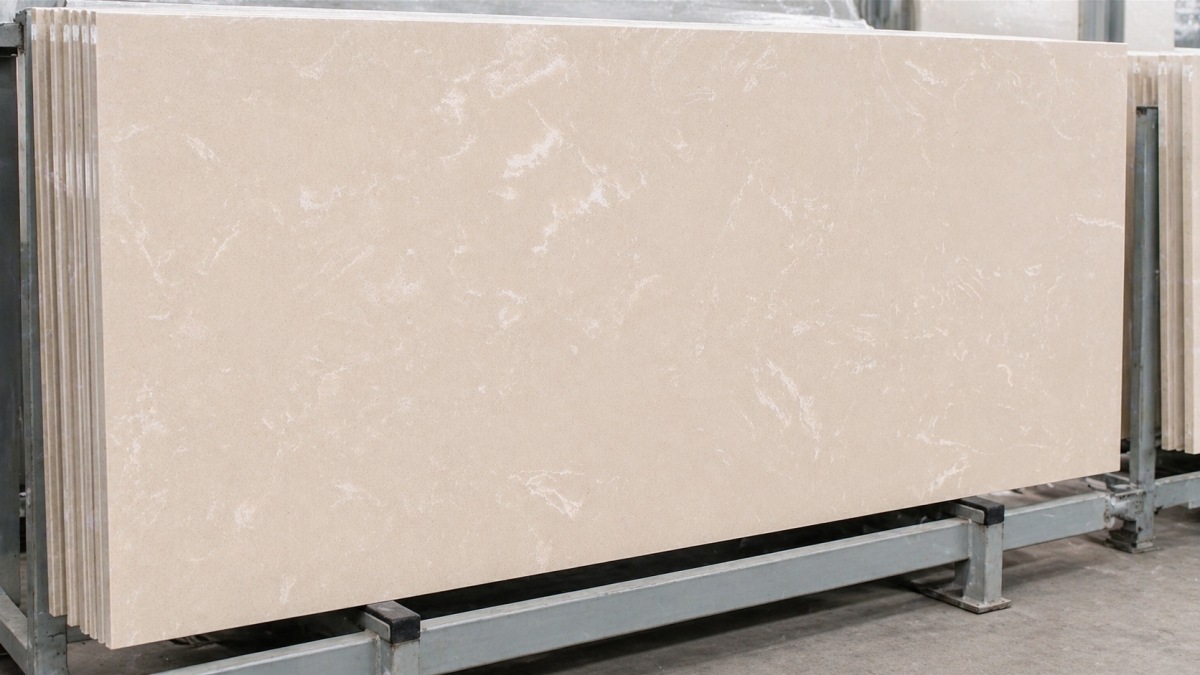 Botticino beige engineered marble full slab displayed on showroom rack aoli stone