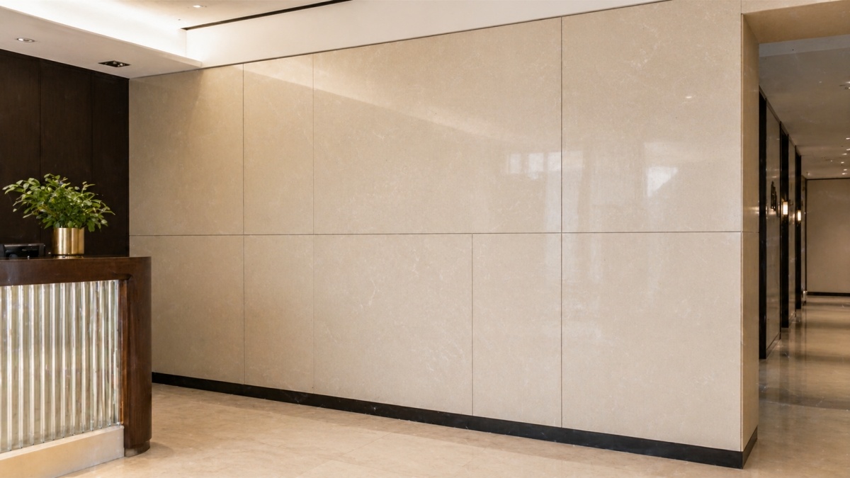 Royal Botticino artificial marble wall panels in a calm hotel corridor from aoli stone