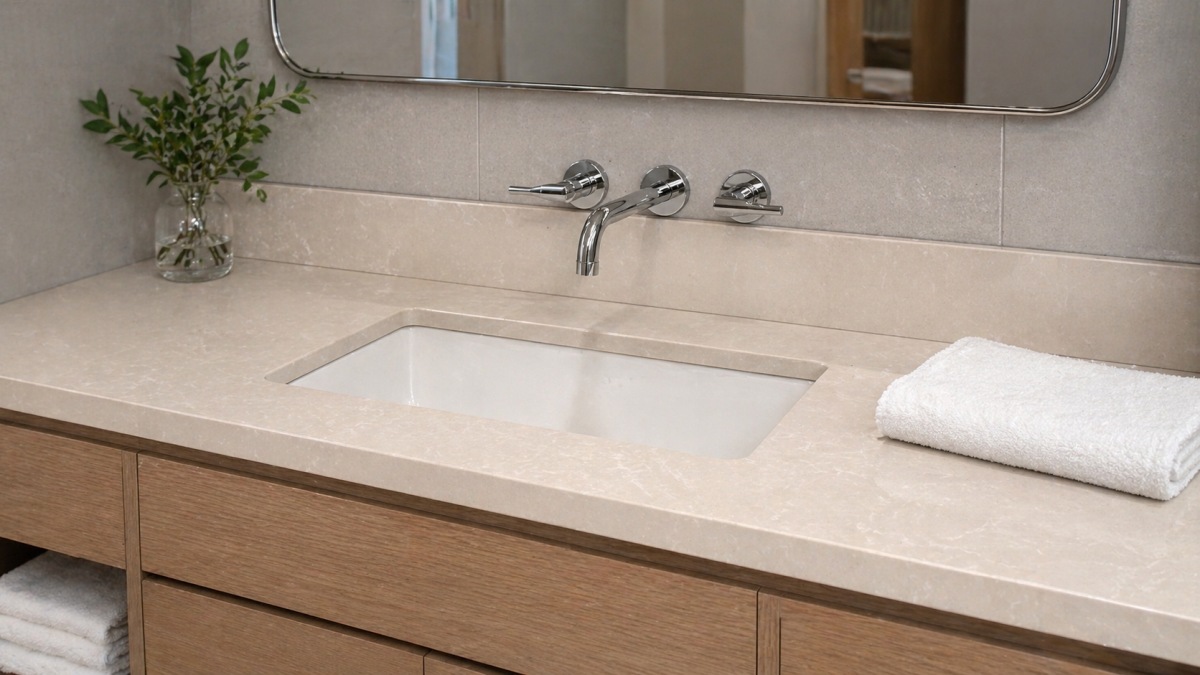 Royal Botticino artificial marble vanity top in a neutral bathroom interior from aoli stone