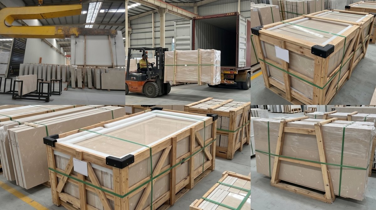 Packed Royal Botticino artificial marble slabs in factory wooden crates from aoli stone