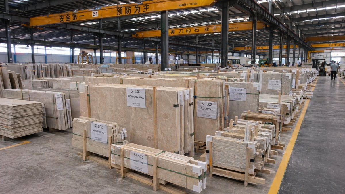 2.Cut-to-size stone pieces organized by room and floor for a hotel project 