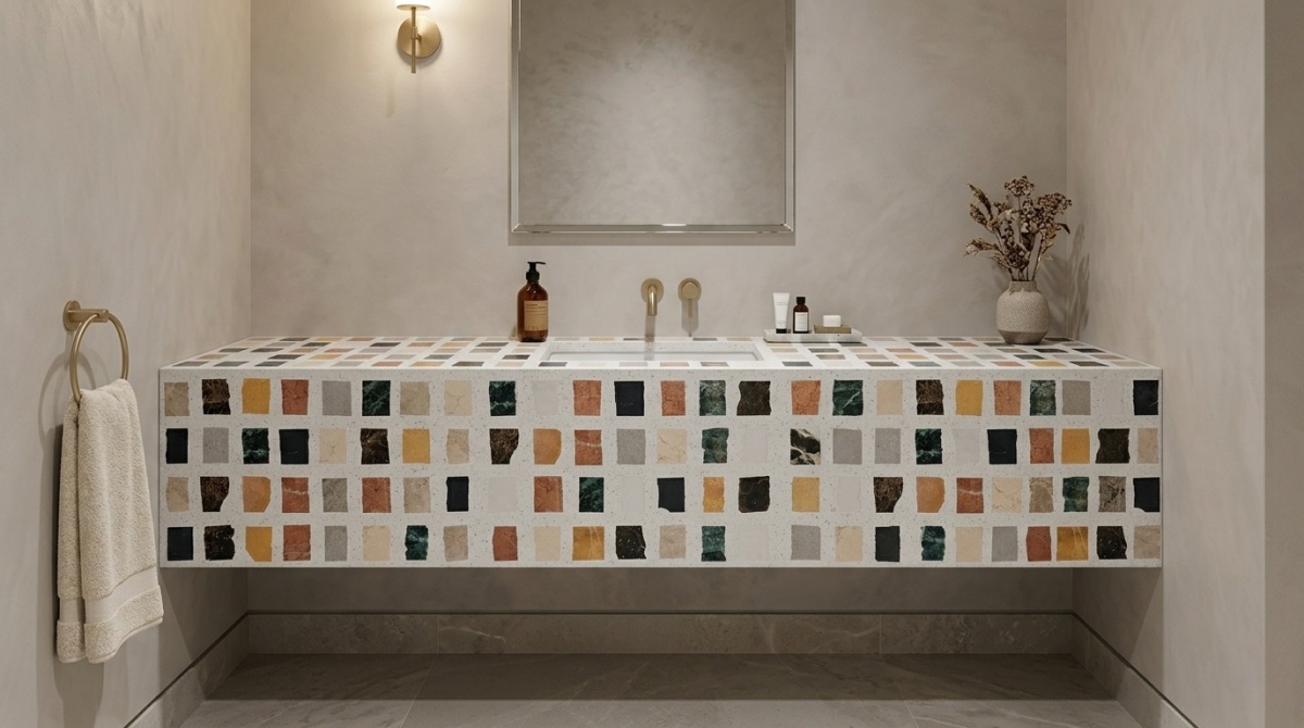 terrazzo and marble composite vanity front by Aoli Stone