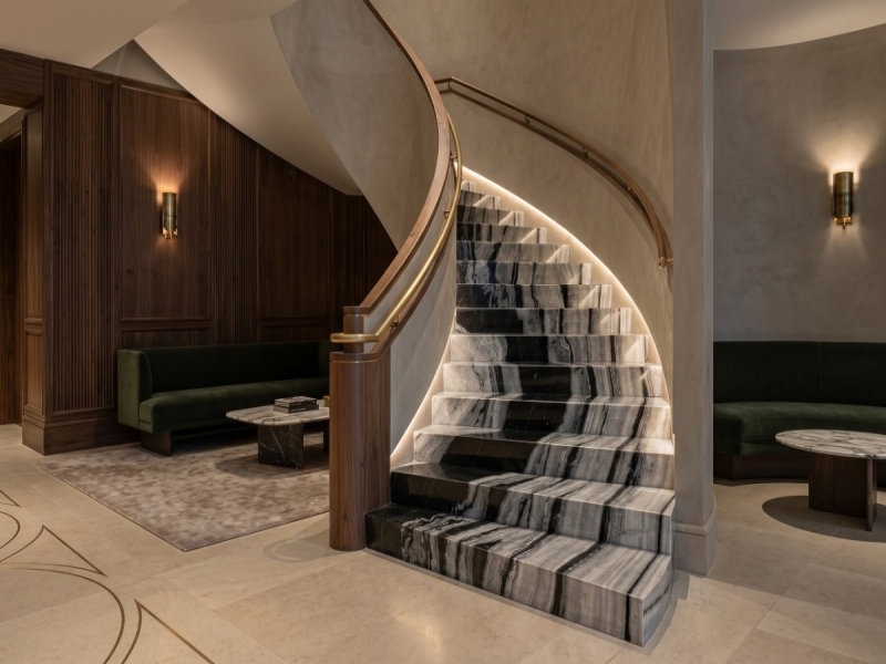 Custom Marble Staircase Dry Lay Project with Bold Linear Veinin